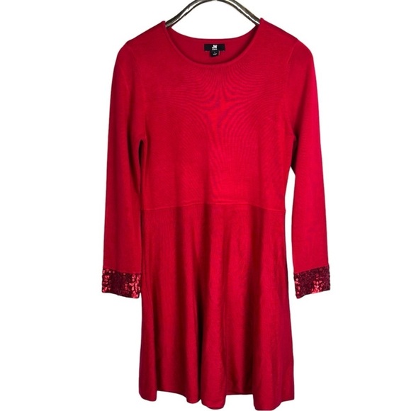 JASON WU 221869 RED SEQUIN CUFF KNIT FIT & FLARE LONG SLEEVE HOLIDAY DRESS - Picture 2 of 14